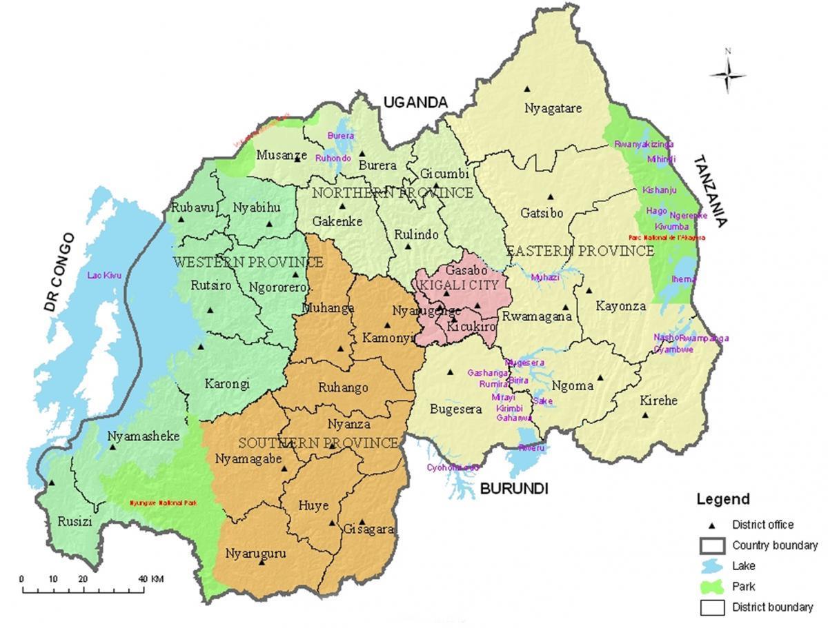 քարտեզ Ռուանդայի հետ, շրջանների և հատվածների